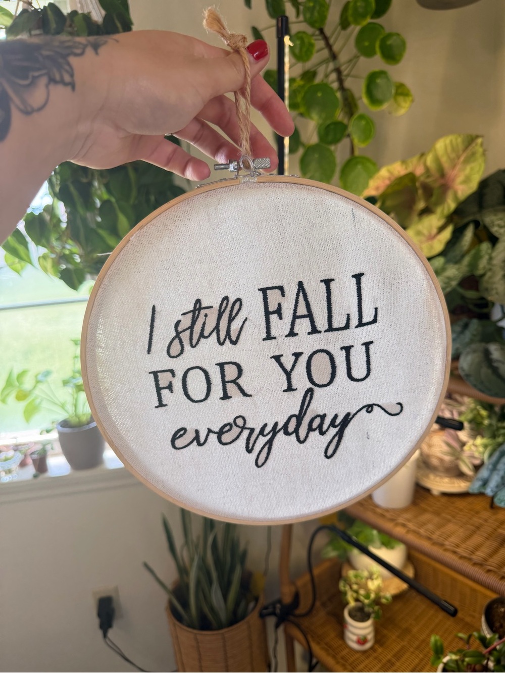 Embroidered Hoop Wall Art in Black and White - I Still Fall For You Everyday